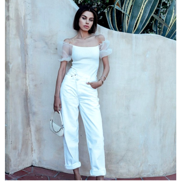 Astr the Label Ivory Sheer Puff Sleeve Bodysuit S Parisian French Girl Basic NWT - Picture 11 of 12